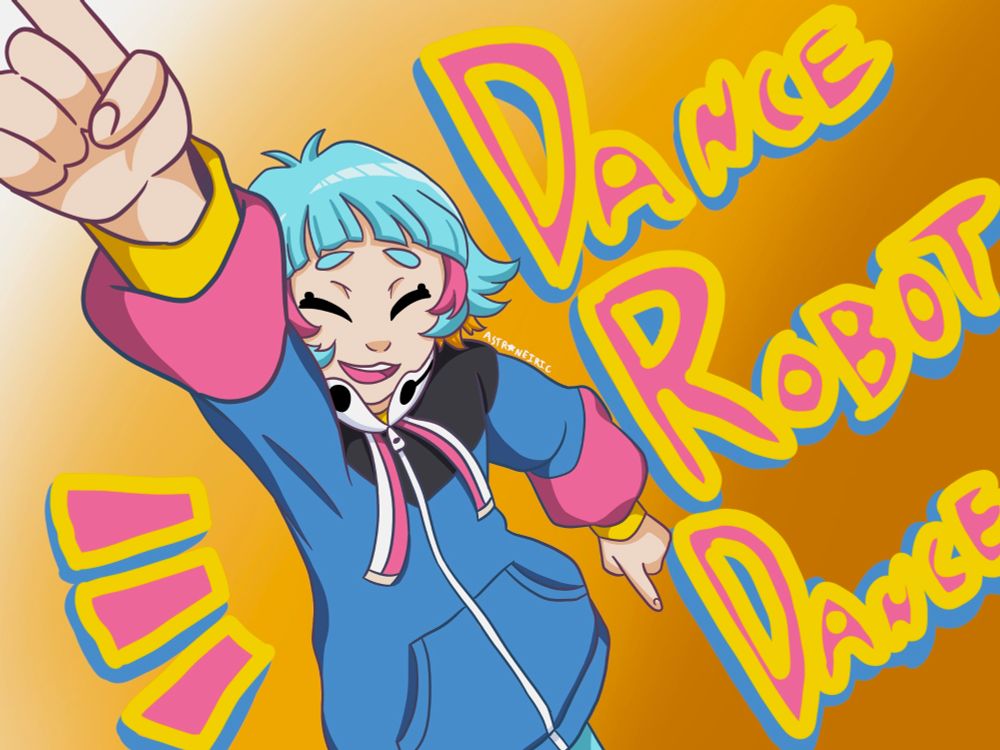 A colorful digital drawing of Roboppi from Yugioh Vrains. He is striking a dancing pose and smiling brightly. Beside him are the words "dance robot dance" in vibrant colors.