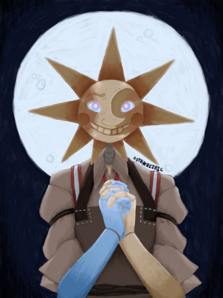 A portrait of Soleil from the fanfiction Ghost in the Machine. He is looking towards the viewer with a pained smile hands clasped in front of him like he's begging. His glove is missing, exposing his blue right arm. A large moon in the background circles his head like a halo.
