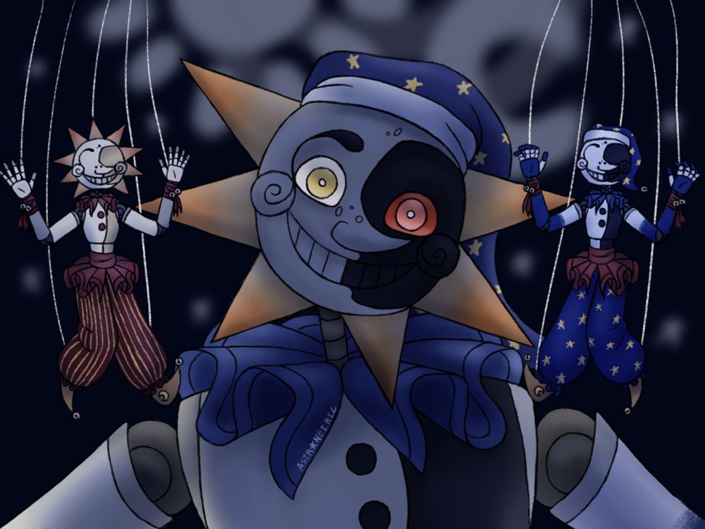 Ruin from the fanfiction Ghost in the Machine with puppets of Sun and Moon by each shoulder