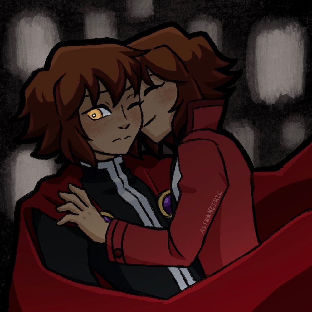 Digital drawing of Jaden and the Supreme King from Yugioh GX. Jaden is smiling while he kisses the King's cheek, while the King looks embarassed off to the side. Behind them is floating light rectangular shapes against a dark background, representative of the mirrors and darkness of their shared mindscape.
