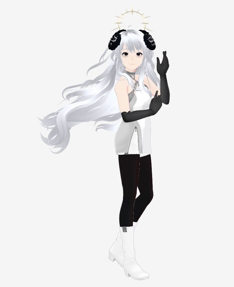A 3D model of a person with fair skin, pure black eyes, long white hair, black ram horns, and a golden halo. They are wearing a white and gray sleeveless top, white shorts and boots, black tights, and dark gray long gloves. They are looking at the camera, hand raised in greeting.