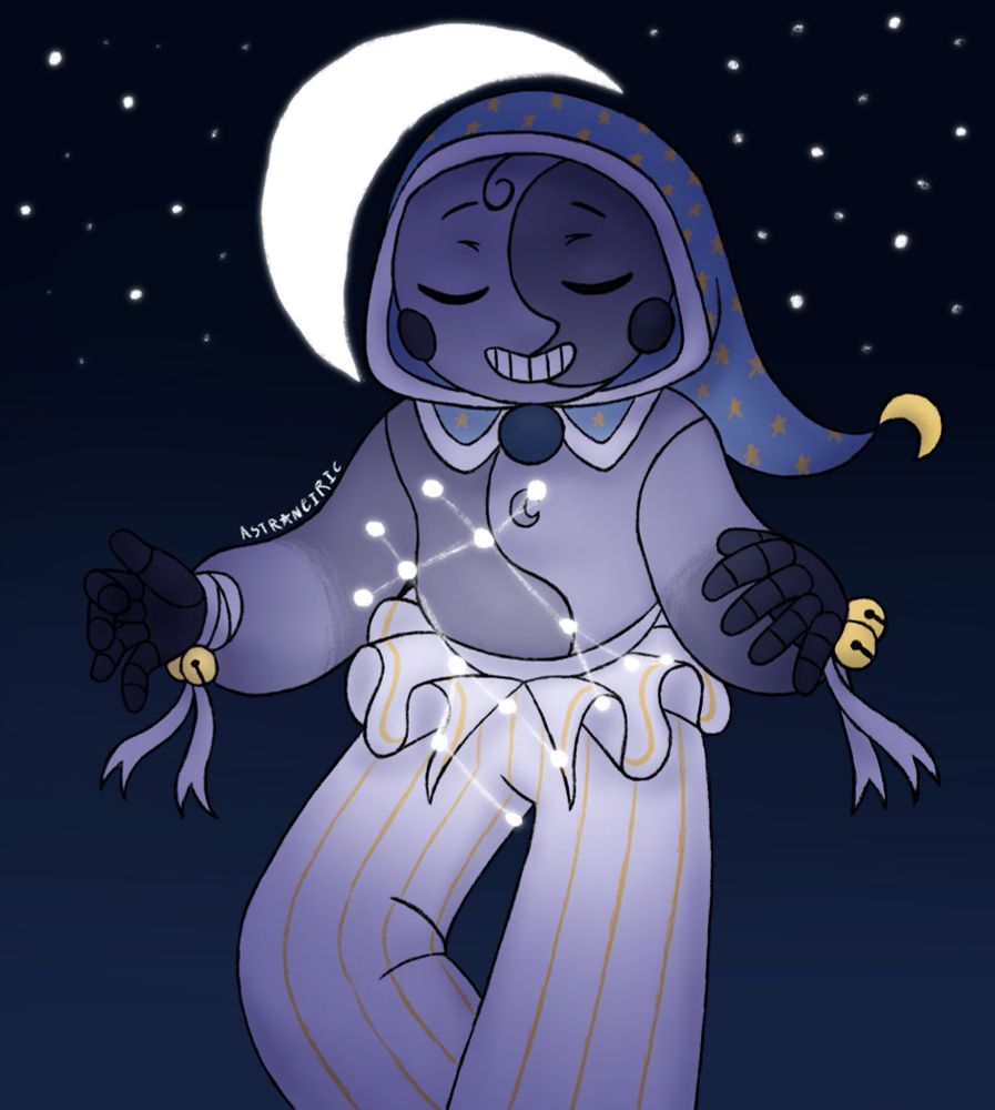 Lunar from The Sun and Moon Show in front of a starry background with the moon circling their head like a halo. They are holding up their hands and in between is the constellation gemini
