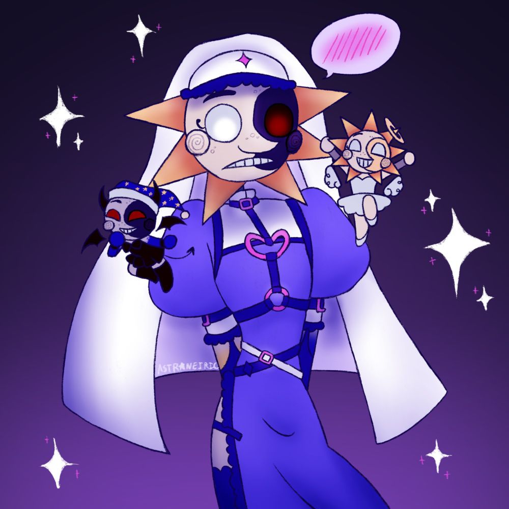 Eclipse from Five Nights At Freddy's in a purple sexy nun dress, with a tiny angel Sun and Devil Moon floating by their shoulders