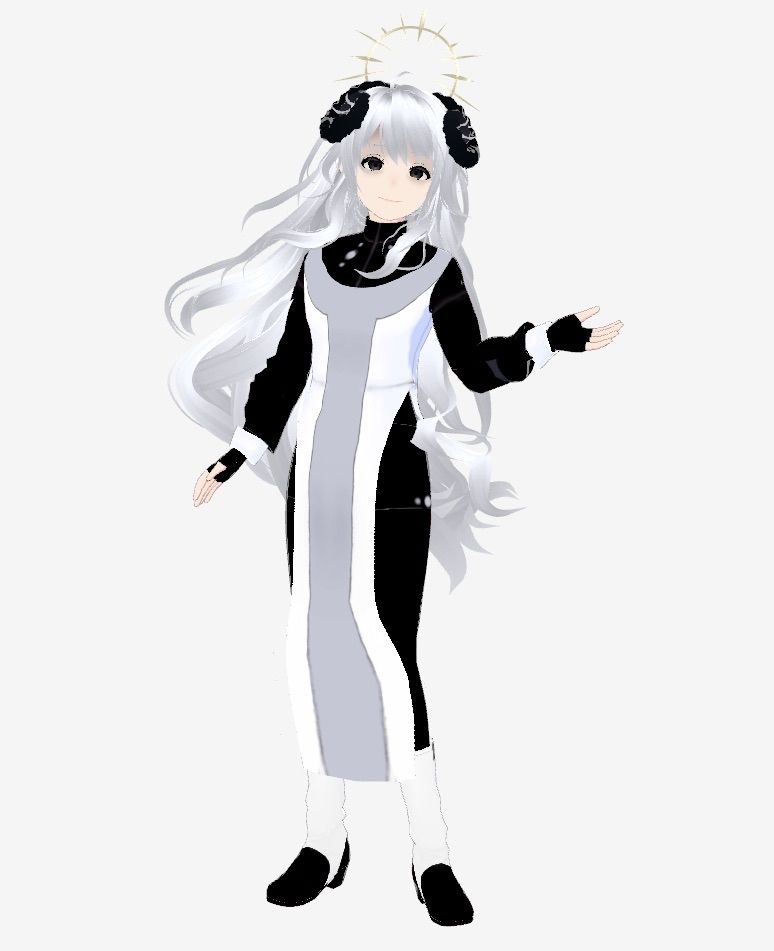 Another 3D model of the same character. This time they are wearing a white and gray long dress with slits on either side of the skirt, with a black collar and sleeves and white cuffs. Underneath they are wearing a black bodysuit with black boots and white gaiters.