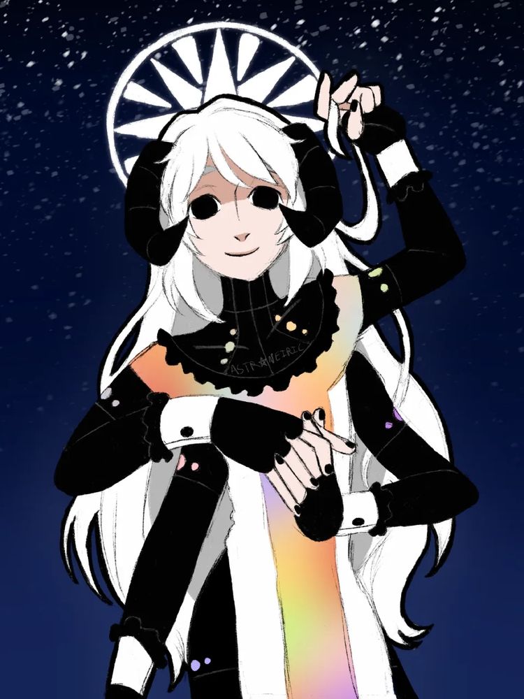 A digital drawing of a character with fair skin, long white hair, pure black eyes, four arms, black ram horns, and a white halo. They are wearing a white and multicolored dress with a slit on the side, with a black collar and black sleeves with white cuffs. They are smiling blankly at the camera, their arms raised in different positions. Behind them is a dark blue starry sky.