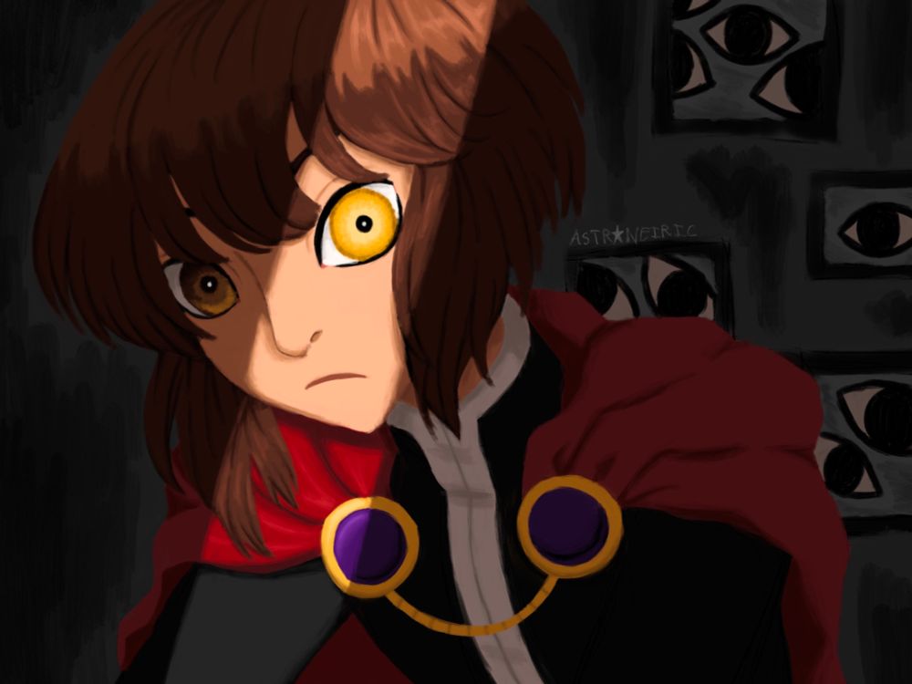 A digital painting of Supreme King Jaden from Yugioh GX, without his armor. He is mostly in shadow, with a strip of light highlighting one eye, which is bright gold unlike the shadowed eye which looks brown. In the background is paintings of eyes.
