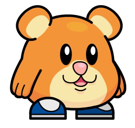 An orange and yellow hamster character in blue shoes, stylised to look like Kirby. He has a blank smile on his face.