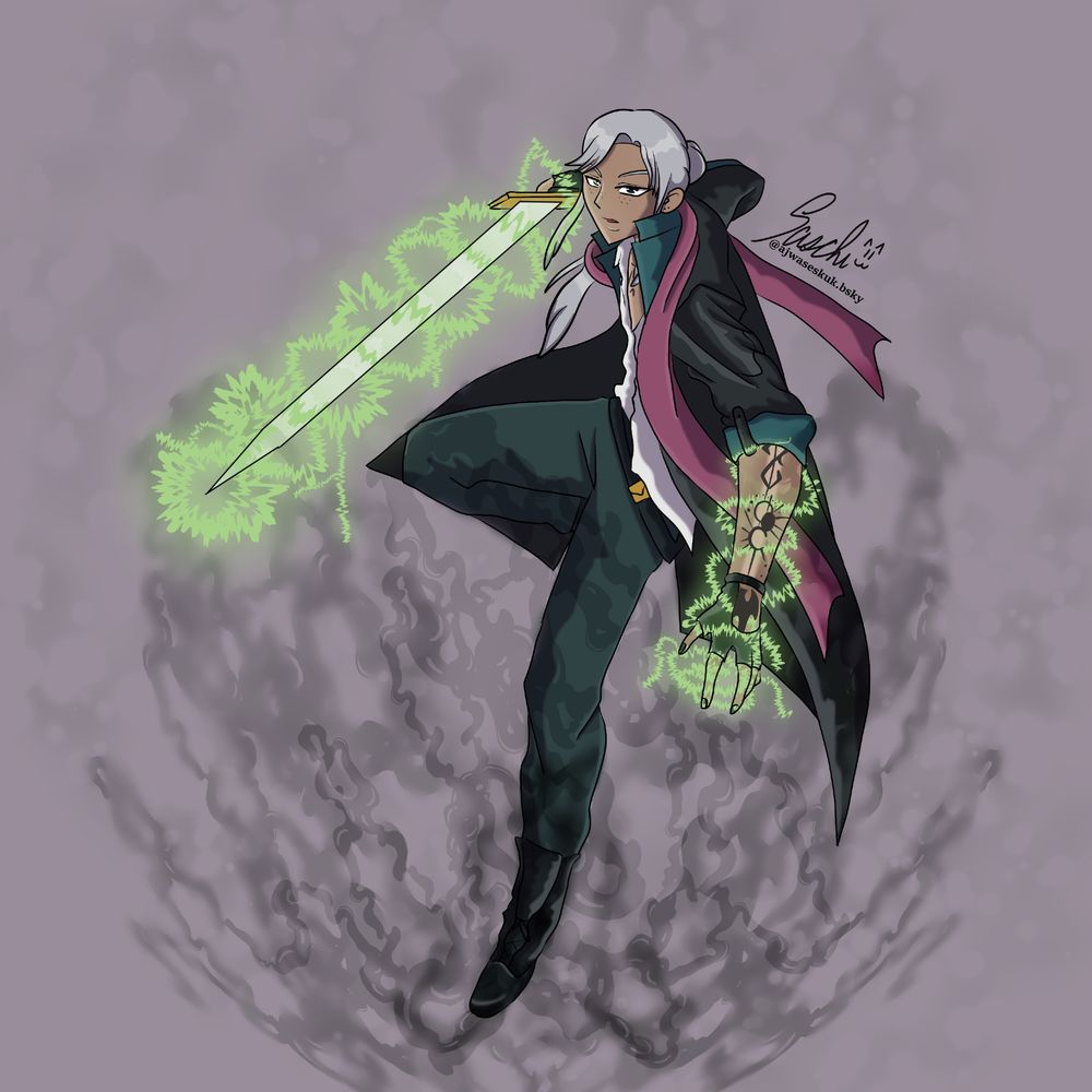 Lorcan Lacusta (Pathfinder 2e Laughing Shadow Magus w/Captivator & Duelist Dedications, he/him)
Lorcan a callow may (green hag) changeling. He grew up with his grandparents after his mom consumed his dad. He started off as a member of the night watch in Absolom before leaving for adventure. After gaining some fame as an adventurer but eventually returned to Absolom to enjoy his time bar hopping, gambling & generally being a cunty slut. He has magical tattoos on his left arm & right side of his chest that hold electric spells. He’s an absolute wretched mans.
