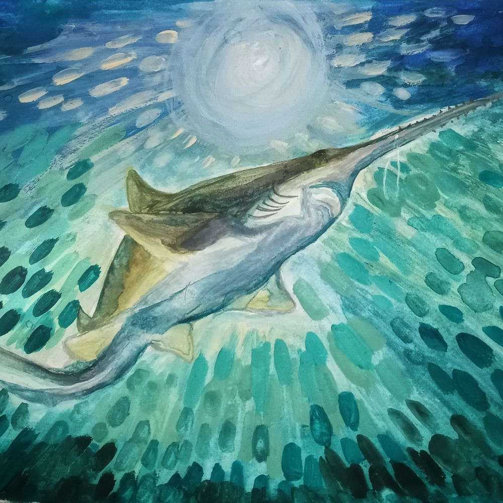 A sawfish swimming in an abstract ocean with the sun shining above painted in gouache 