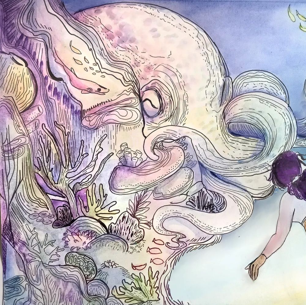 A watercoloe illustration of a Black woman diving in the ocean facing a giant octopus peeking out from around the coral reef in multiple colors of yellow, purple, pink.