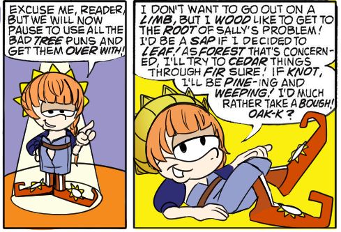 An editted version of the sonic panel where sonic makes lots of puns, featuring Clytie van Gogh from Fate/Grand Order.

The text bubbles read:

'Excuse me reader, but we will now pause to use all the bad tree puns and get the over with! 

I don't want to go out on a limb, bbut I wood like to get to the root of Sally's problem! I'd be a sap if I decided to leaf! As a forest that's concerned, I'll try to cedar things through fir sure. If knot, I'll be pine-ing and weeping! I'd much rather take a bough! Oak-k?"