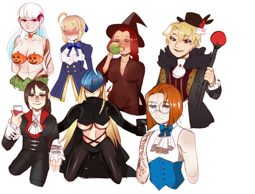 Waist up, 45 minute colored sketches of Kama from FGO in a Halloween Bikini and Pumpkin leaf skirt, HSR Saber blushing curiously, Garnet drinking a potion, Gilgamesh in his halloween outfit, Yu Mei Rin (Consort Yu) drinking a glass of wine/blood while wearing Romani's vampire outfit, Beelstarmon, and Armand in a blue, frilly outfit showing off his lichtenberg scars.