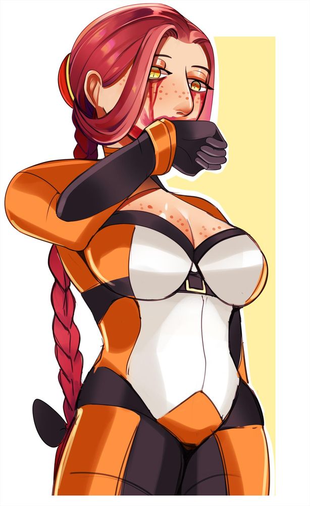 A digital drawing of an FGO OC, Garnet Apotheo, in the Chaldea Combat Uniform. She looks down at the viewer, wiping blood from her face.