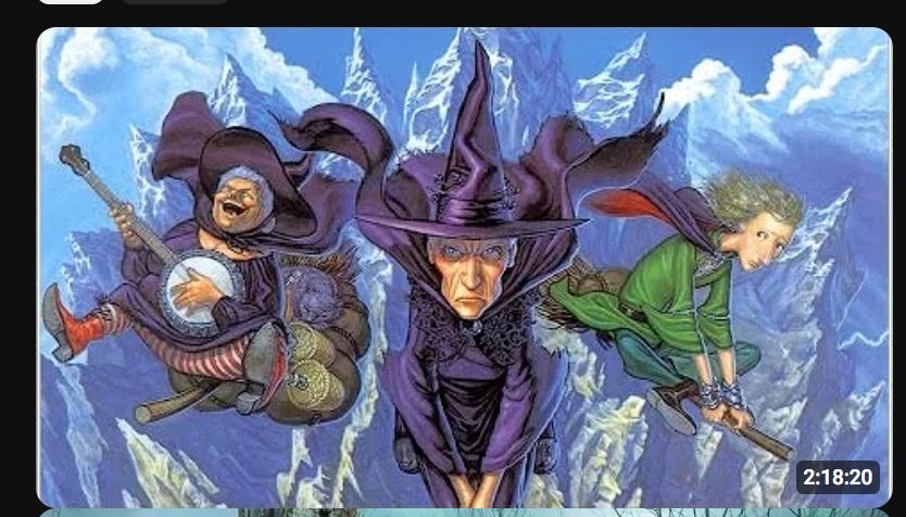 Wyrd Sisters - A Discworld animated movie (FULL) thumbnail on youtube. 3 witches on broomstick flying towards the camera. two in purple one in green. 