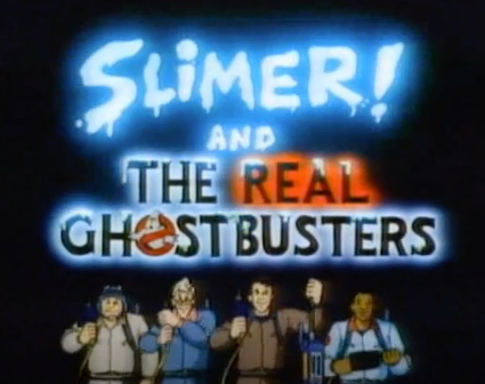 Opening for The Real Ghostbusters (season 6 ep 1). Group picture of the ghostbusters with the text: Slimer! AND The Real Ghostbusters