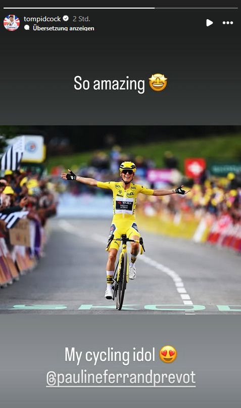 Screenshot of Pidcock's instagram showing Pauline crossing the finish line cheering, with the caption "So amazing [face with stars in eyes emoji]"; "My cycling idol [face with hearts in eyes emoji]"