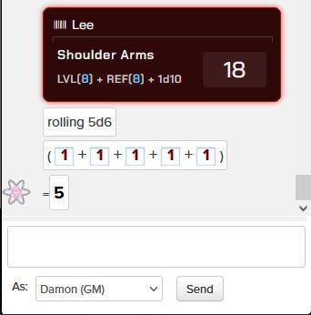 A screenshot from the VTT Roll20, showing a damage roll of five 1s on five dice.