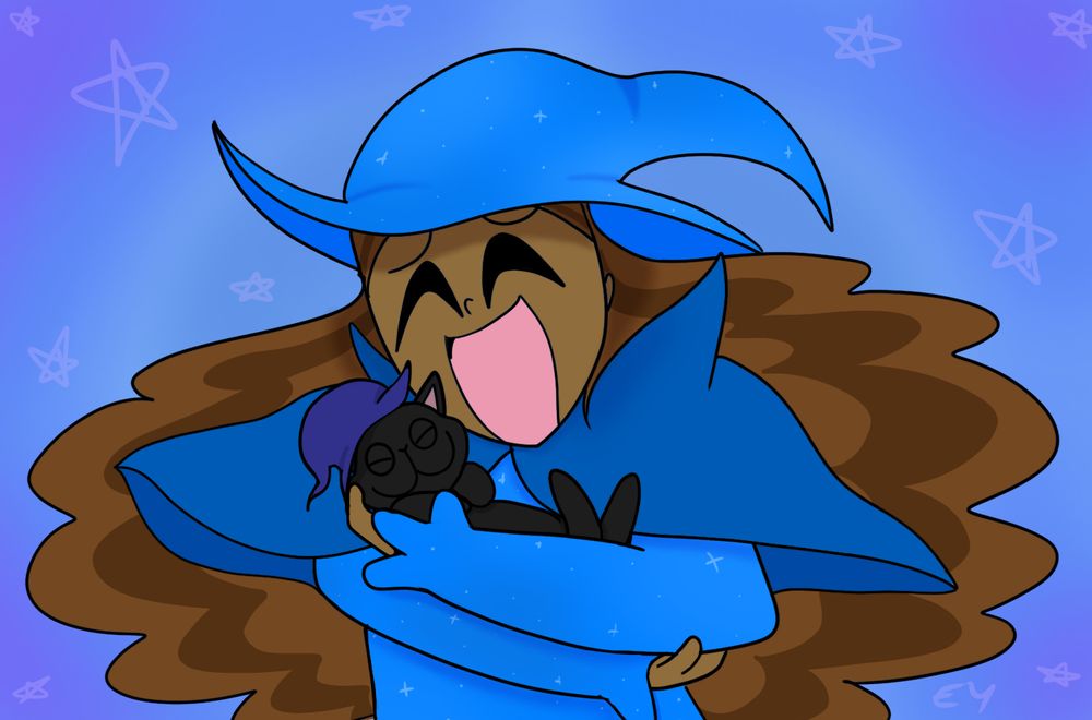 A picture of Astrologist Azure cradling Black Cat Midnight Baby in her arms! Azure is portrayed with brown skin and long curly brown hair that’s darker in the middle of each side. She is wearing a sparkly azure blue witch hat, a matching dress, and a darker cape on top of it. Midnight Baby is a black cat wearing an almost midnight blue hat. Both of them are smiling with their eyes closed; Azure’s mouth is opened while Baby’s is closed. The background is a purple to blue gradient, starting from the corners of the picture, with transparent sketchy stars.