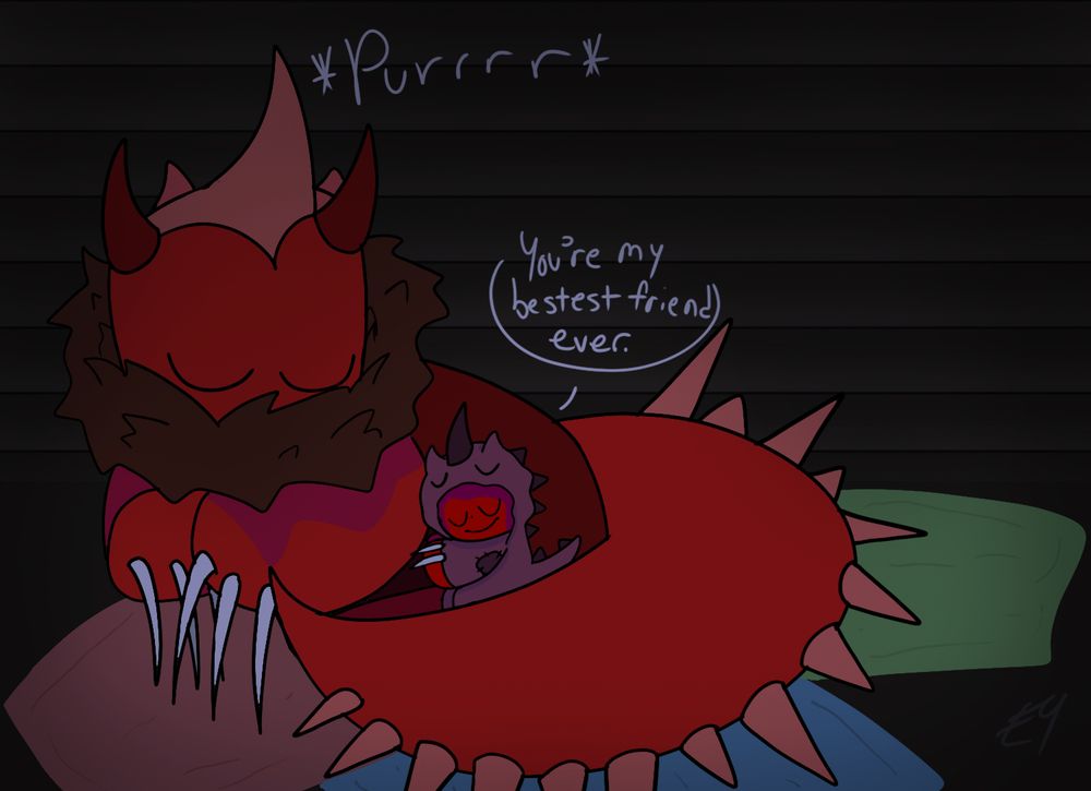 Both c00lkidd and Drakobloxxer are sleeping together inside of a cabin with red, blue, and green blankets beneath them. Drakobloxxer purs and rests akin to a domesticated dog or cat with their tail around c00lkidd. c00lkidd snuggles up against him, wearing his pajamakidd pajamas. He closes his eyes and softly smiles saying, “You’re my bestest friend ever”.