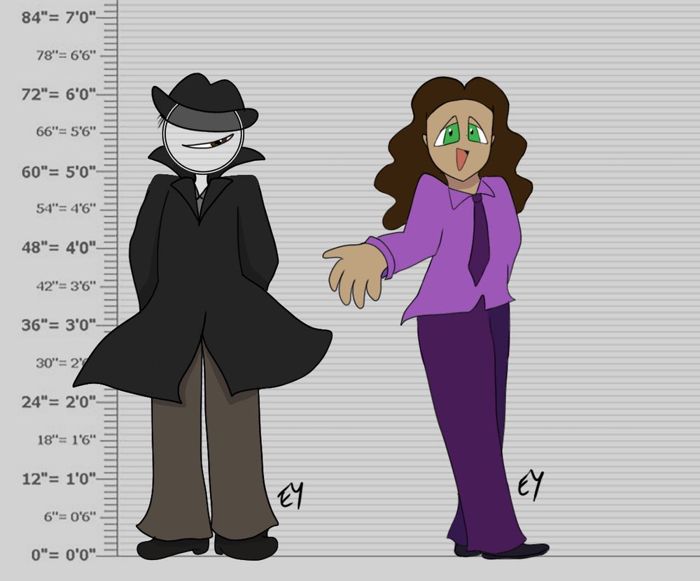A picture of Deductive Logico and Inspector Irratino in front of a height chart

Logico is portrayed with a magnifying glass for a head and one big brown eye. He also wears a dark grey fedora, a dark grey trench coat, some khaki brown slacks, and grey shoes. His hands are behind his back, glaring over at Irratino.

Speaking of which, Irratino has light brown skin, brown and wavy hair, and green, triangle shaped eyes. He wears a long-sleeved, purple work shirt with matching dark purple pants and a tie. He is wearing dark grey shoes, akin to his partner. He is looking at the screen holding his hand out with a smile.
