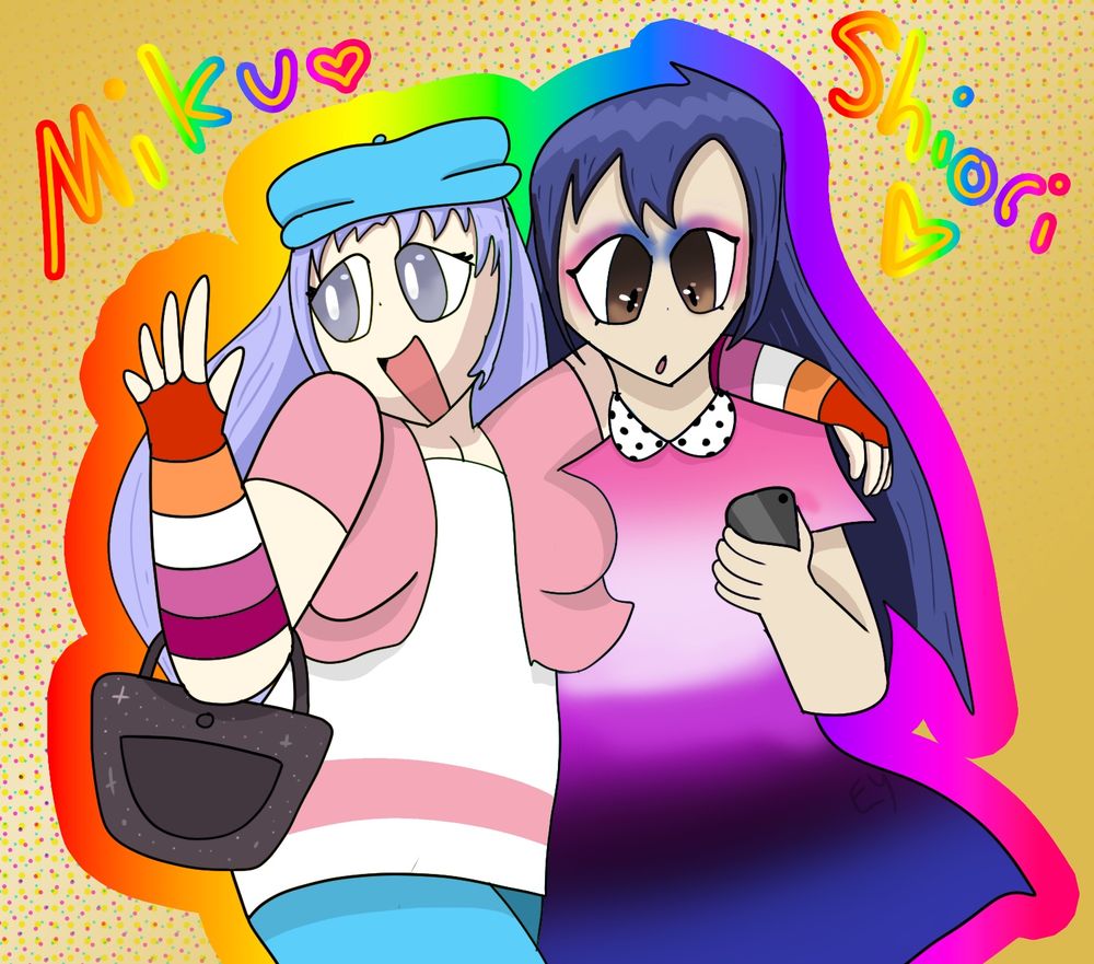A picture depicting Miku Izayoi and Shiori Itsuka from Date a Live hanging out in outfits representing pride flags.

Miku is wearing a blue hat, a short sleeved pink crop-shirt over a long white shirt with a pink stripe towards the bottom, and blue leggings, representing the transgender flag. She is also wearing long gloves with the lesbian flag colors on them, and carrying a sparkly gray purse. She is waving at an unseen person, smiling, while her arm is around Shiori.

Shiori is wearing eye shadow in the colors of the bisexual flag, a dress with a gradient representing the genderfluid flag, and a polka dot collar. She is holding and looking down at her phone. 

The background is orange, with a halftone-gradient combination facing diagonally.