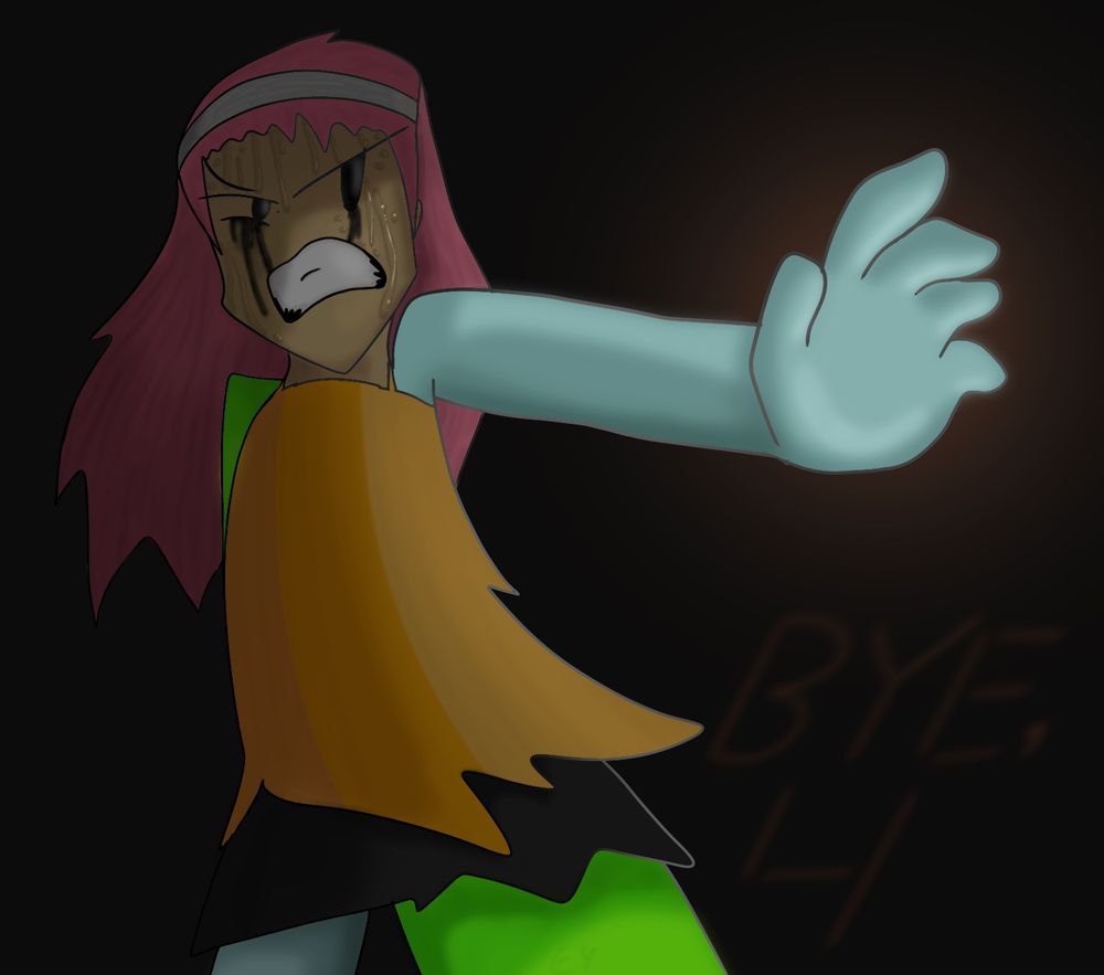 This is a redraw of a scene in TPOT where Pencil is about to blast Four with the powers she stole from them. She is portrayed as a human with long pink hair, a grey headband, an orange, ripped up tank top of multiple hues, a torn black pencil skirt (hehe get it), and mascara and sweat running down her face. The background is an almost black void, with the only light coming from Pencil’s blue arm. In the bottom right corner, it faintly says “BYE 4” in all caps.