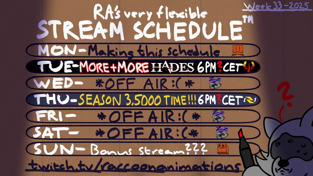 RA's stream schedule for Twitch -Week 33, 2025.