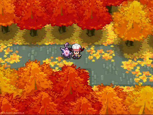 An autumn forest with warm red, yellow and orange colors from Pokémon Heartgold (2009).