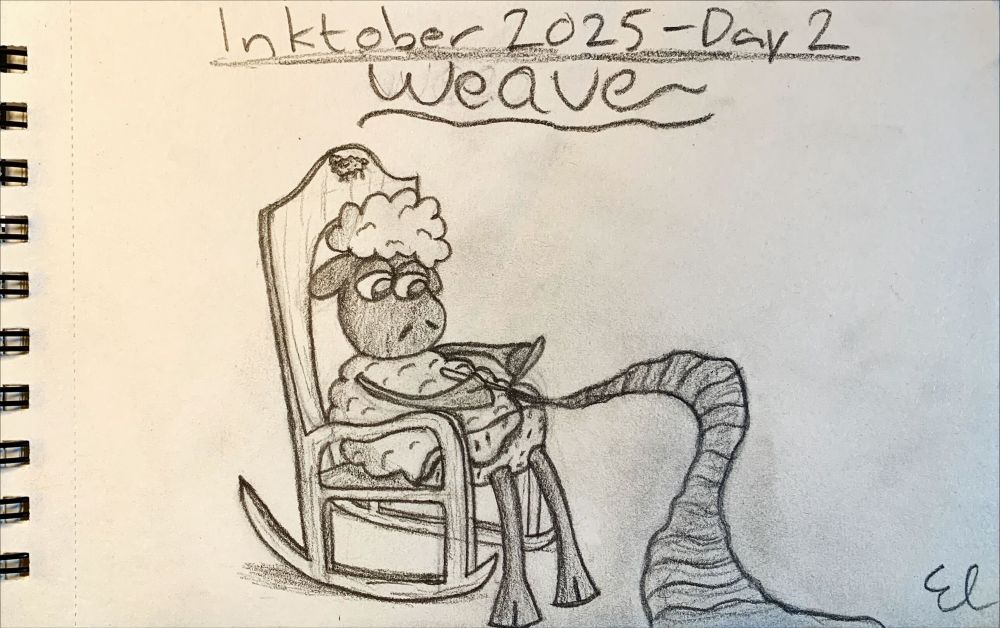 Inktober 2025 -Day 2 “Weave”. A sheep sitting in a chair while weaving with their own wool.