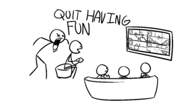 A group of stick figure people are playing videogames together on a couch, completely ignoring someone else behind them who is screaming 