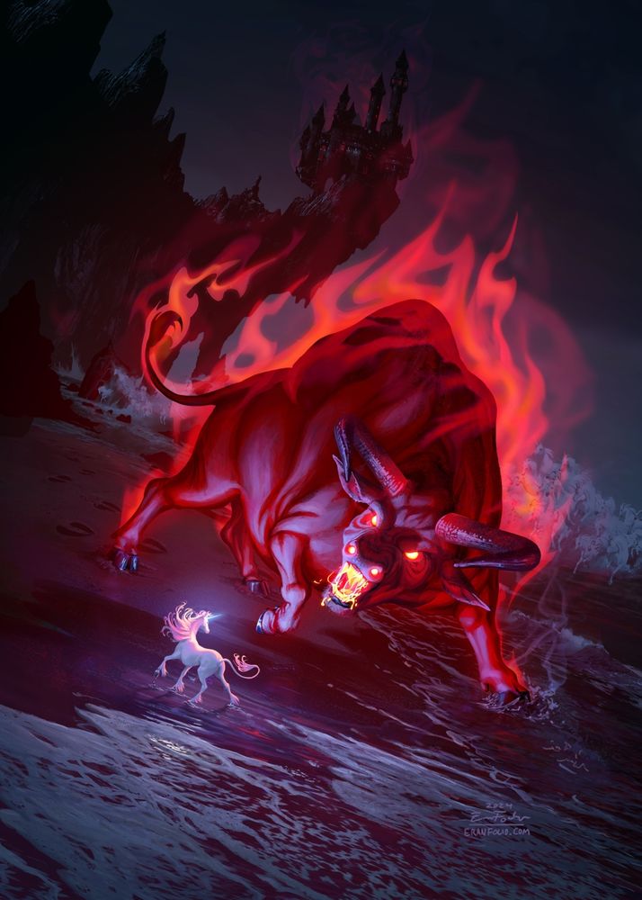 A painting of a huge, flaming red bull, snarling as it faces off with a defiant white unicorn.
