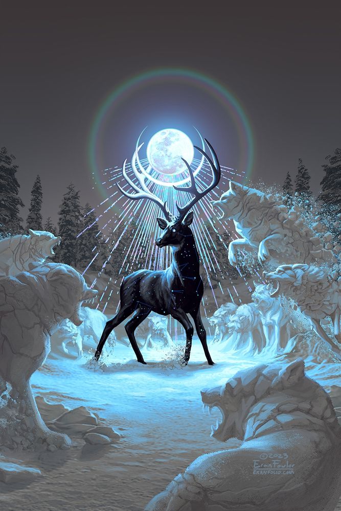 A stag made of the night sky stands in the snow, the moon suspended between his antlers. He is surrounded by a pack of wolves made of snow, all leaping towards him to pounce.