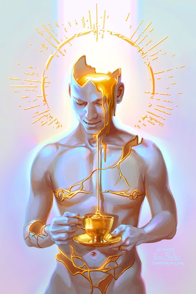 An artistic nude painting of a man drinking gold from a teacup, his body covered in transition surgery scars filled with gold like kintsugi. His head is cracked open like an eggshell, and the golden yolk pours into the teacup.