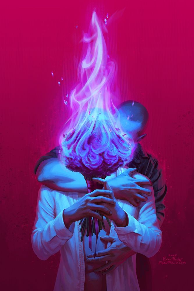 Two men embrace tenderly, their kiss obscured behind a bouquet of roses engulfed in blue flames.
