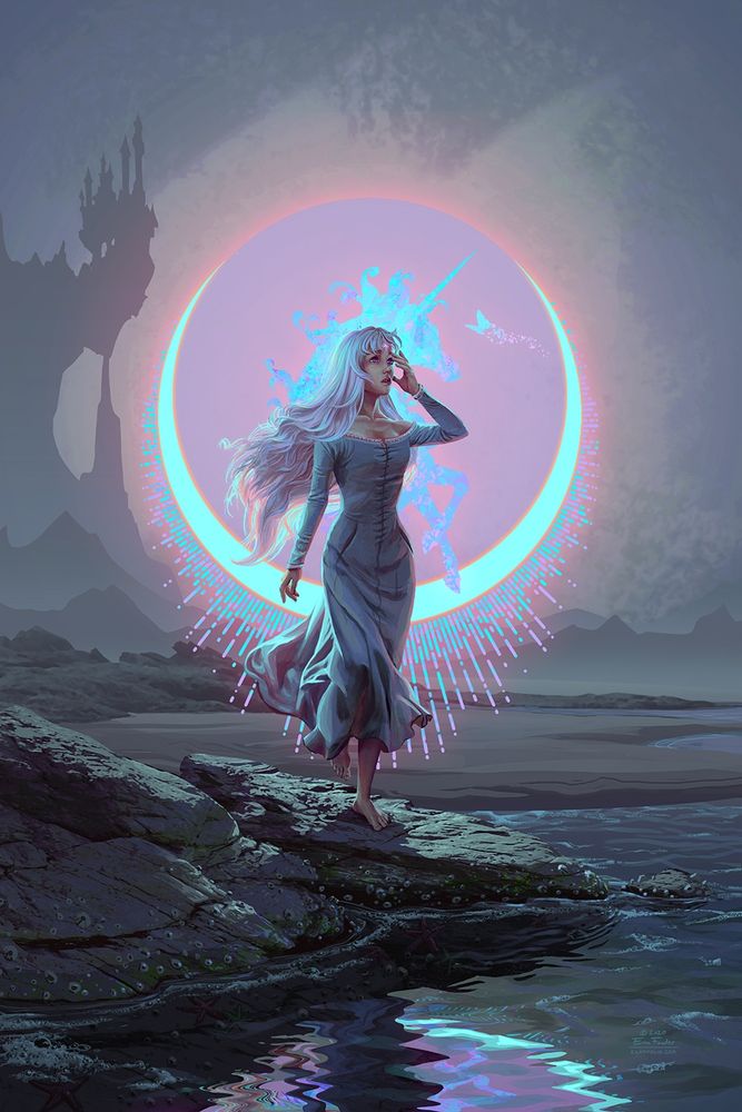 The Lady Amalthea stands at the edge of the sea, one hand raised to her forehead in confusion as she tries to remember. Behind her, the silhouette of a unicorn rears against a radiant crescent moon.