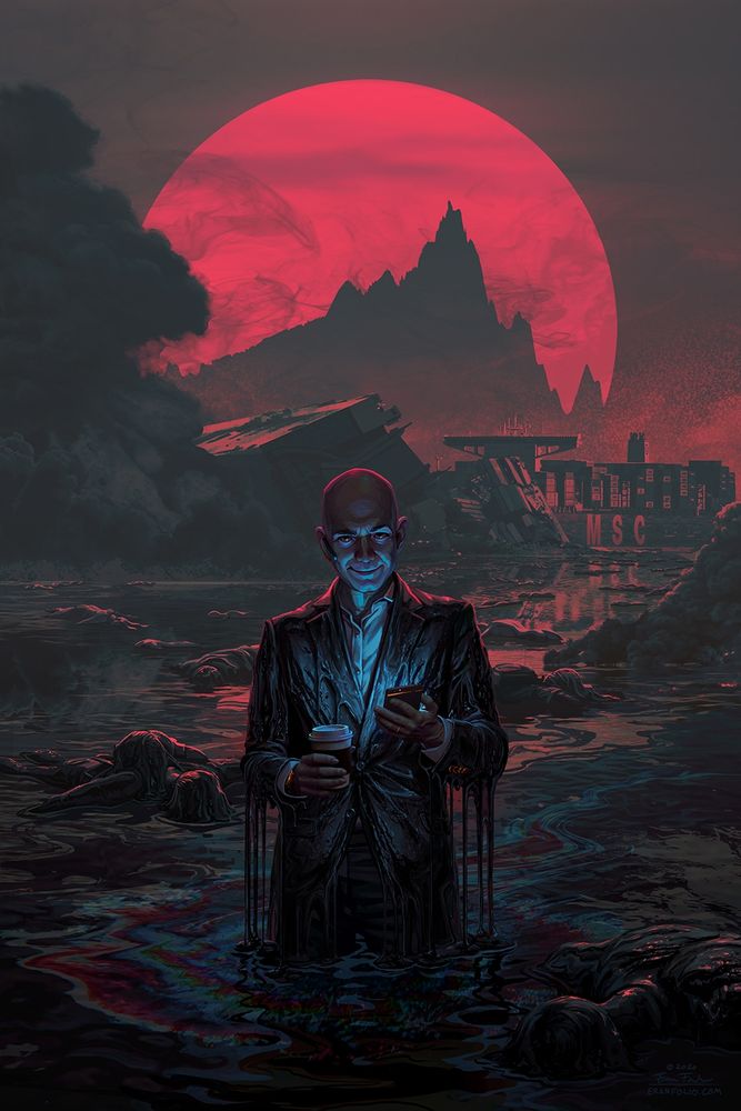 A smirking oligarch stands hip-deep in polluted oil-slick water, illuminated by the eerie glow of his phone screen. He is surrounded by the floating corpses of dead workers and children, and behind him the sky is brown from the smoke of burning container ships. A mountain in the shape of a stock market crash is silhouetted against a red sun.