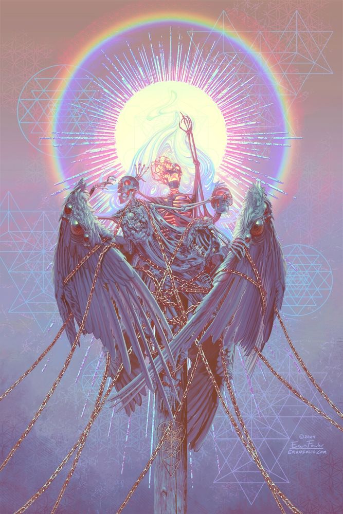 Skeletal mutated angels are chained together, immolated in the light of a radiant sun.