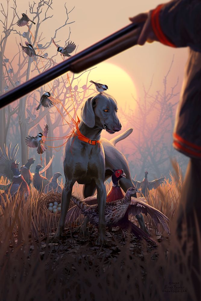 A hunting dog stands protectively over the nest of a family of pheasants, disobeying her looming master and his rifle. A flock of birds picks at the threads of her fluorescent orange hunting collar, unraveling it.