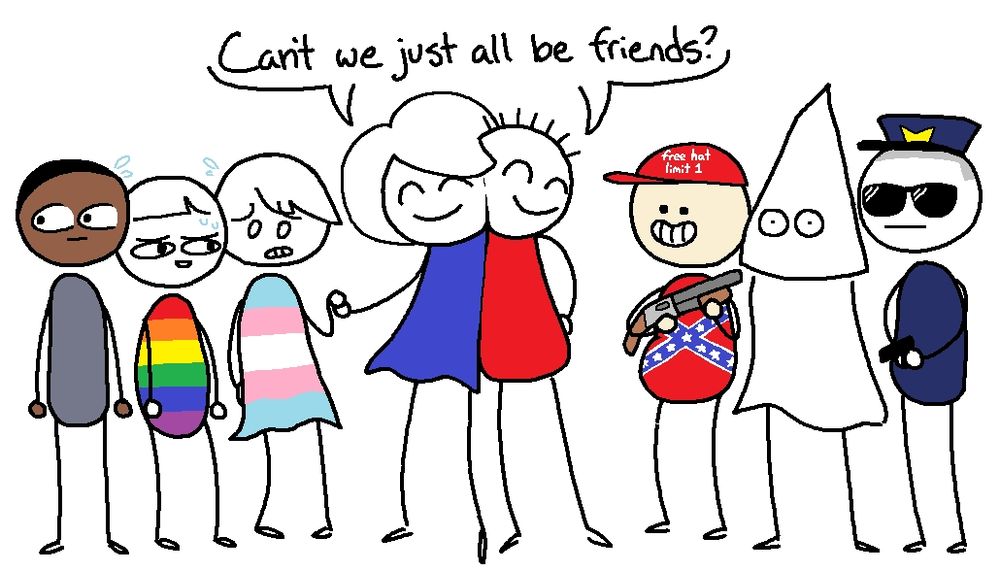 Two centrists hugging, in between a crowd of marginalized people on the left, and a crowd of violent bigots on the right, saying "Can't we just all be friends?"