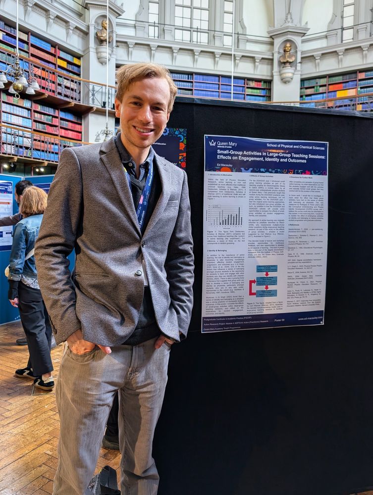 Ed Macaulay next to a poster on small-group activities in large-group teaching sessions at the Queen Mary Festival of Education.