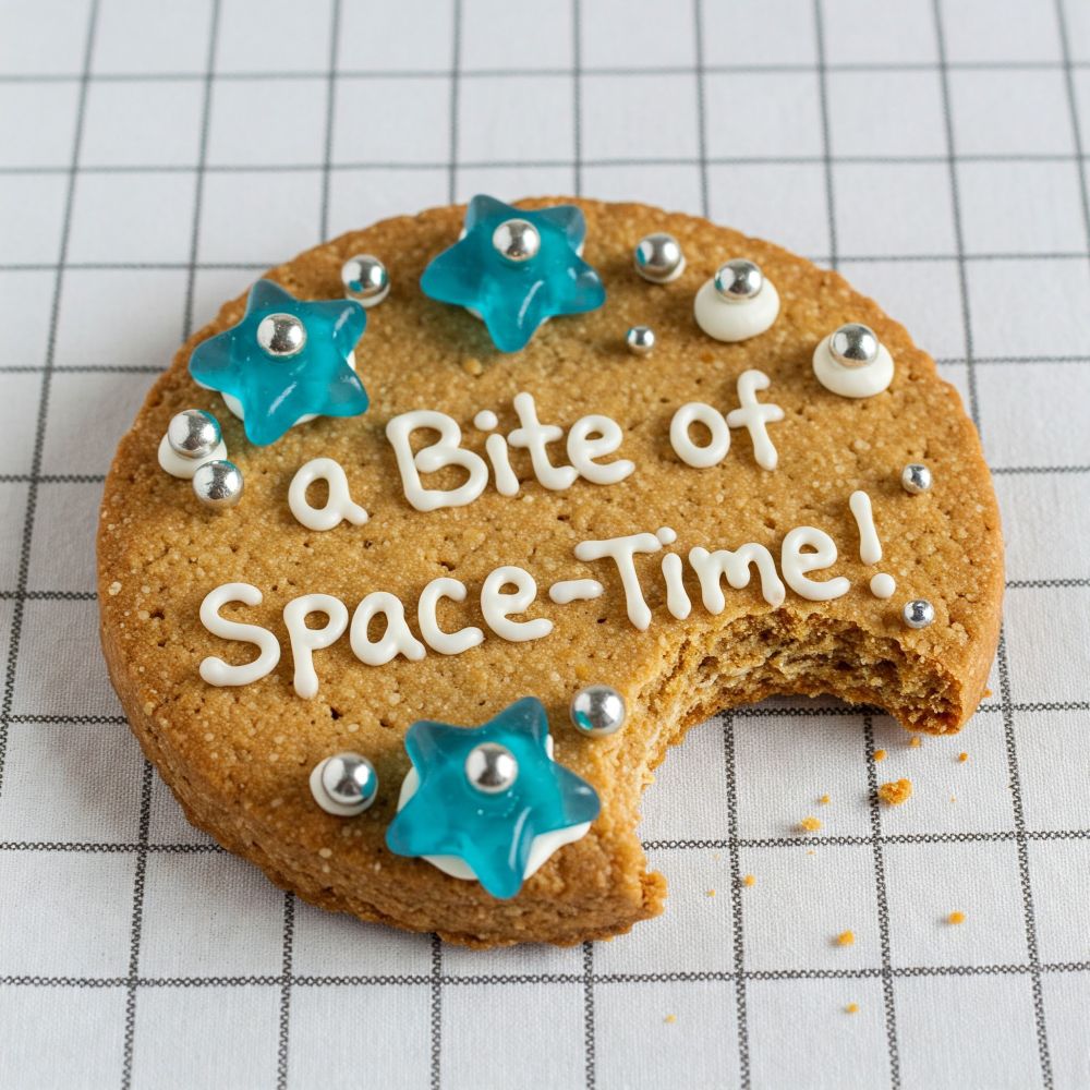 A cookie with 'a Bite of Space-Time!' written on it, and decorated with silver sugar decorations and blue stars. A bite is taken out of the cookie. Image generated with Google Gemini.