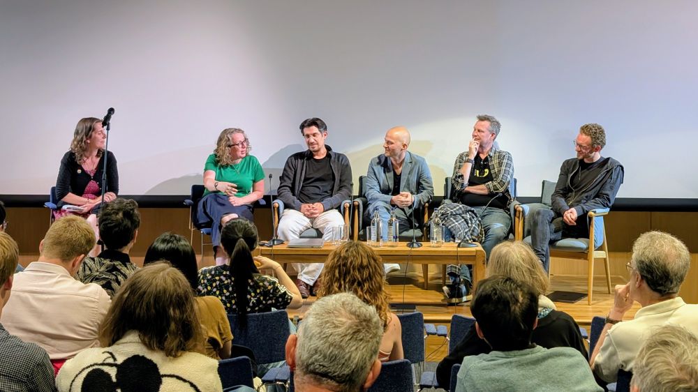 A discussion panel at the Physics on Film event at the Institute of Physics with Libby Jackson, James Fleming, Chris Lawrence, Matt Sloan, and Oliver Shorttle