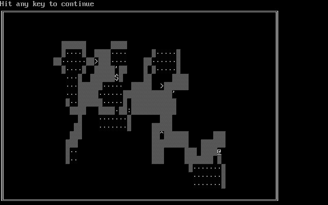 Screenshot of the ascii game Moria. It’s not even ascii art. Just a black/gray/white view from above with letters depicting the monsters and the terrain.