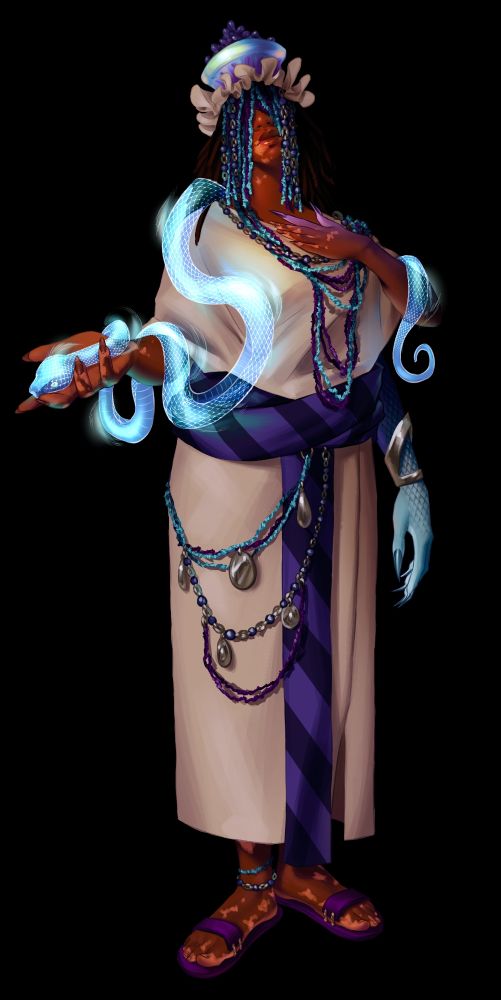 A humanoid warlock with three arms, one of which is covered in scales, holds a wispy magical serpent