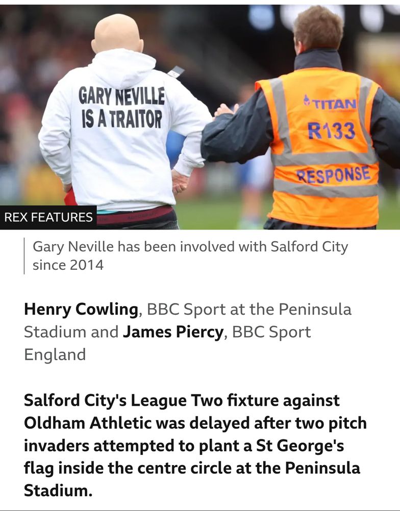 BBC Sport report showing the image of a man who tried to plant a St George's flag in the centre circle at Gary Neville's club, Salford City.