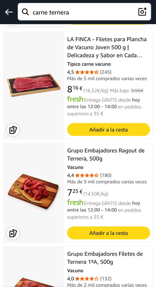 Se muestra una captura de la app de Amazon donde se pueden ver varios productos cárnicos a la venta 