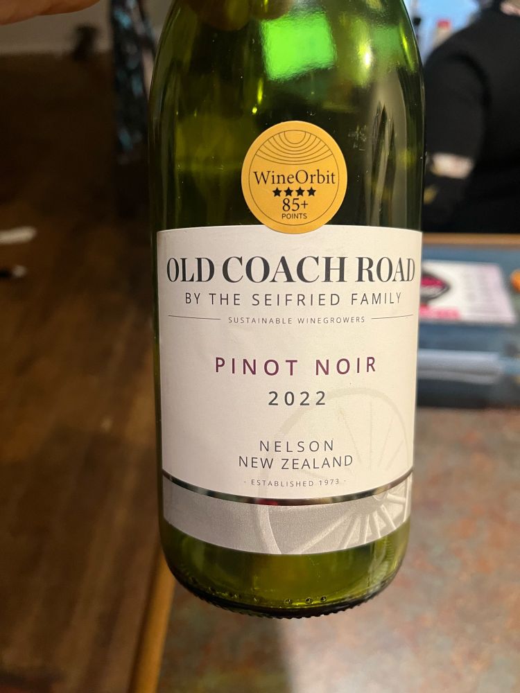 Photo of a bottle of Old Coach Road from the Seifred family. Pinot Noir 2022

An ok wine probably a little light on flavour. The first glass was too drinkable. And not massively robust.
