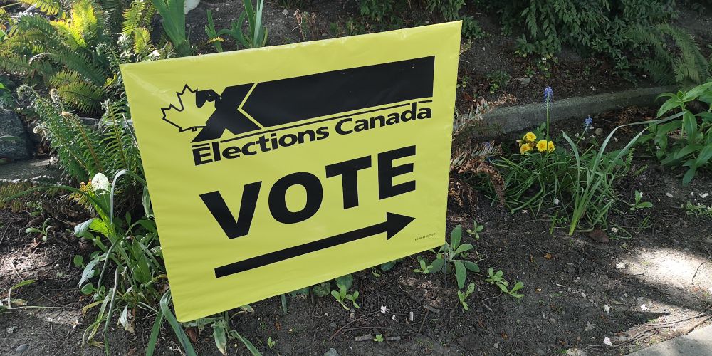 A black and yellow elections canada "VOTE"sign in a garden bed