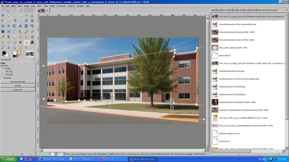 A work in progress screenshot of what will be Cypress Hill Middle School in GIMP, showing an AI generate image of a school being traced over as a base. After the tracing is done, more details will be later applied to make it unique and stand out from the original image itself. This is my usual method onto why my backgrounds look so detailed, but me being me, I tend to make them overly detailed.