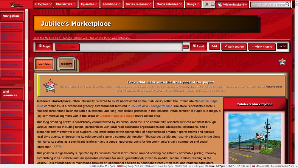 A screenshot of the wiki in light mode, showing Jubilee's Marketplace, a featured article on the wiki's home page.